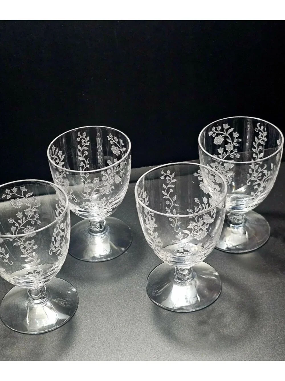 4 Fostoria Rambler Cocktail Glasses vtg Floral Etched Cordial Aperitif 3.5